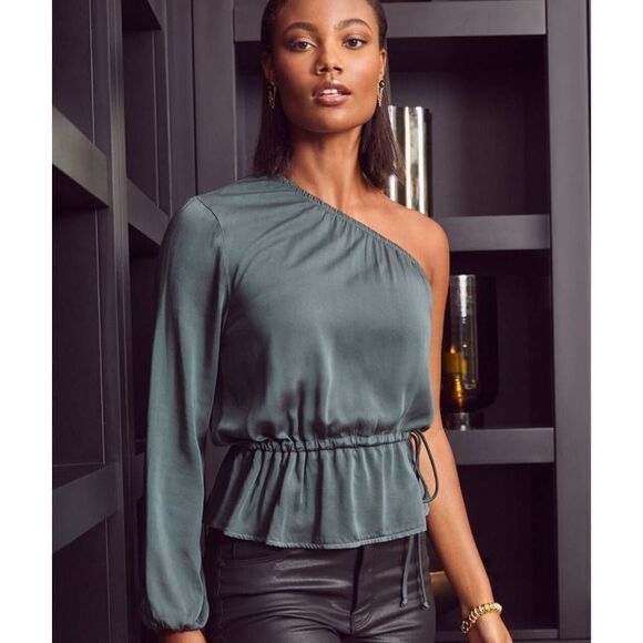 Cloth & Stone Luxe Satin One Shoulder Top Green L - Picture 1 of 7